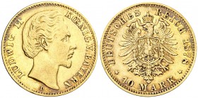 1878. Alemania. Baviera. Luis II. D (Múnich). 10 marcos. (Fr. 3766). 3,93 g. AU. Escasa. MBC+.