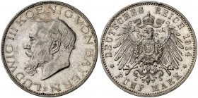 1914. Alemania. Baviera. Luis III. D (Munich). 5 marcos. (Kr. 1007). 27,79 g. AG. Golpecito en canto. EBC-.