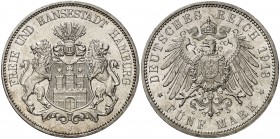 1913. Alemania. Hamburgo. 5 marcos. (Kr. 610). 27,65 g. AG. S/C.