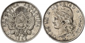 1882. Argentina. 1 peso. (Kr. 29). 24,88 g. AG. EBC-.