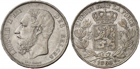 1868. Bélgica. Leopoldo II. 5 francos. (Kr. 24). 24,96 g. AG. MBC+.