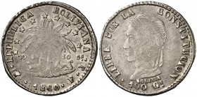 1860. Bolivia. Potosí. FJ. 2 soles. (Kr. 135.2). 4,94 g. AG. MBC.