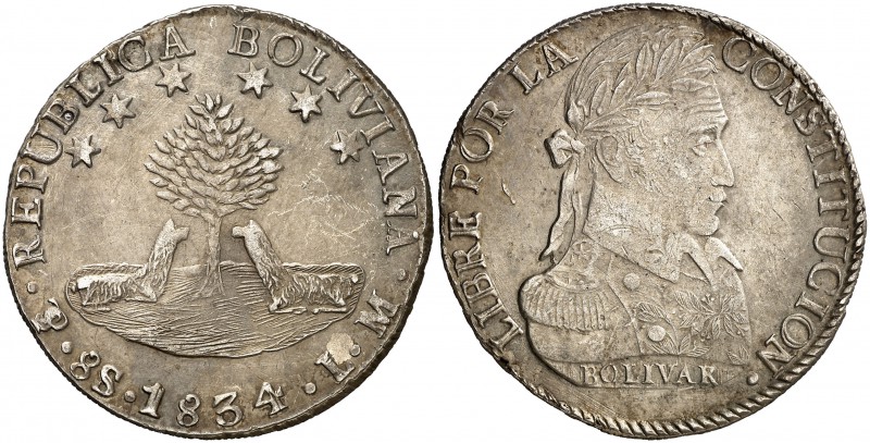 1834. Bolivia. Potosí. LM. 8 soles. (Kr. 97). 26,93 g. AG. Mínimas rayitas. EBC-...