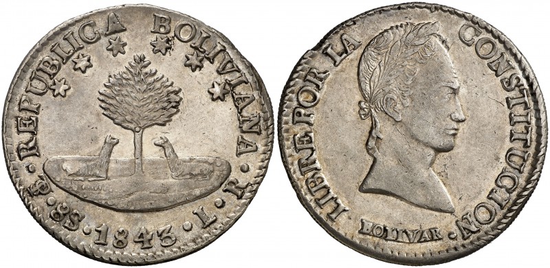 1843/2. Bolivia. Potosí. LR. 8 soles. (Kr. 103). 27,19 g. AG. Canto mal acuñado....