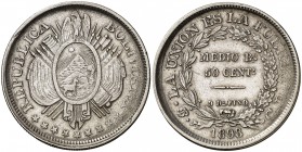 1898. Bolivia. Potosí. CB. 50 centavos o 1/2 boliviano. (Kr. 161.5). 11,55 g. AG. MBC+.