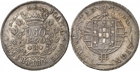 1820. Brasil. Juan VI. R (Río). 960 reis. (Kr. 326.1). 27,31 g. AG. Acuñada sobre un real de a 8 español Lima JP. Escasa. MBC+.