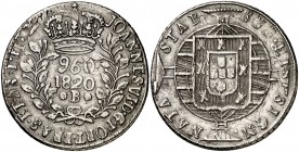 1820. Brasil. Juan VI. B (Bahía). 960 reis. (Kr. 326.2). 26,53 g. AG. Acuñado sobre un 8 reales español de Carlos IV. Golpecitos. MBC+.