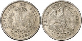 1876. Chile. (Santiago). 1 peso. (Kr. 142.1). 24,90 g. AG. MBC+.