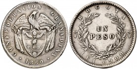 1860. Colombia. Confederación Granadina. Bogotá. 1 peso. (Kr. 126). 24,62 g. AG. MBC+.