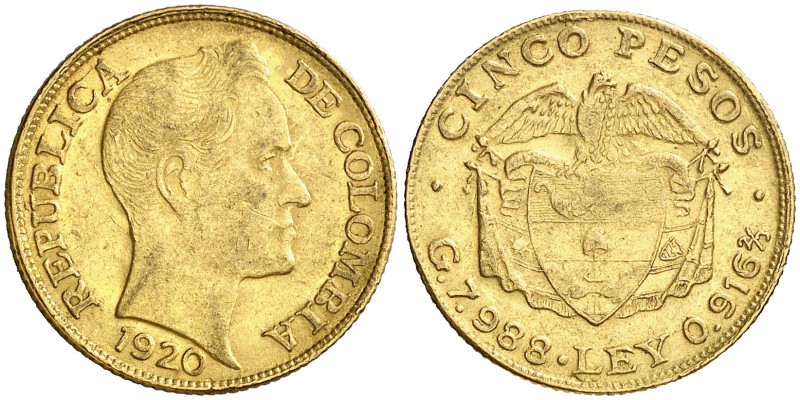 1920. Colombia. 5 pesos. (Fr. 113) (Kr. 201.1). 7,90 g. AU. MBC+.