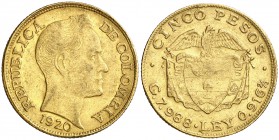 1920. Colombia. 5 pesos. (Fr. 113) (Kr. 201.1). 7,90 g. AU. MBC+.