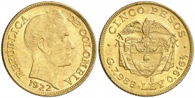 1922. Colombia. B (Bogotá). 5 pesos. (Fr. 113) (Kr. 201.1). 8 g. AU. Bella. EBC+.