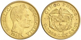 1923. Colombia. B (Bogotá). 5 pesos. (Fr. 113) (Kr. 201.1). 7,99 g. AU. EBC.
