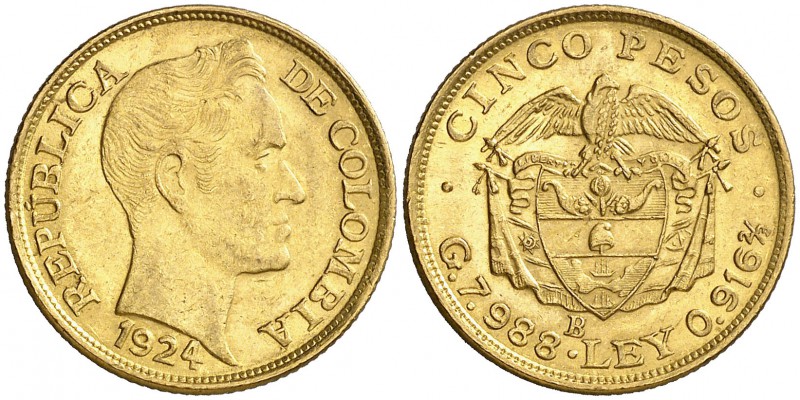 1924. Colombia. B (Bogotá). 5 pesos. (Fr. 113) (Kr. 201.1). 7,93 g. AU. Rayitas....