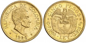 1924. Colombia. Medellín. 5 pesos. (Fr. 115) (Kr. 204). 7,94 g. AU. EBC.