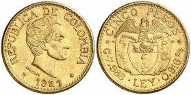 1927. Colombia. Medellín. 5 pesos. (Fr. 115) (Kr. 204). 7,96 g. AU. EBC.