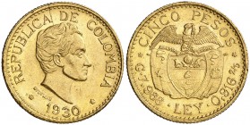 1930. Colombia. Medellín. 5 pesos. (Fr. 115) (Kr. 204). 7,96 g. AU. EBC.