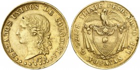 1872. Colombia. Popayán. 20 pesos. (Fr. 100) (Kr. 142.3). 31,47 g. AU. Hojitas y golpecitos. Bonito color. Rara. MBC+.