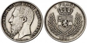 1887. Congo Belga. Leopoldo II. 1 franco. (Kr. 6). 4,96 g. AG. MBC+.