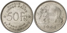 1944. Congo Belga. 50 francos. (Kr. 27). 17,45 g. AG. MBC+.