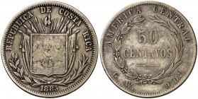 1885. Costa Rica. GW. 50 centavos. (Kr. 124). 12,43 g. AG. Sin siglas "CB". MBC.