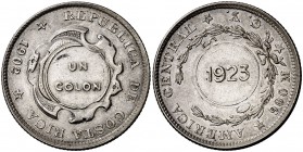 1902. Costa Rica. CY. 1 colon. (Kr. 164). 9,93 g. Resello 1923. EBC-.
