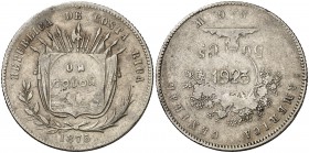 1923. Costa Rica. 1 colón. (Kr. 162). 12,47 g. AG. Contramarcas sobre 50 céntimos 1875 GW, falsa de época (se aplicó con la intención de doblar el val...