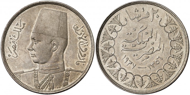 AH 1357 (1937). Egipto. Farouk. British Royal Mint. 20 piastras. (Kr. 368). 27,9...