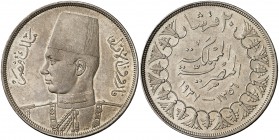 AH 1357 (1937). Egipto. Farouk. British Royal Mint. 20 piastras. (Kr. 368). 27,91 g. AG. EBC+.