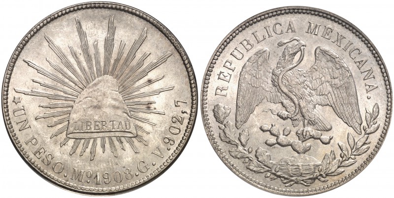 1908. México. (México). GV. 1 peso. (Kr. 409.2). AG. En cápsula ANACS MS63. S/C-...