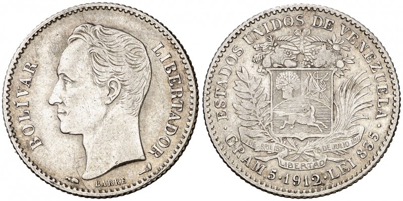 1912. Venezuela. 1 bolívar. (Kr. 22). 4,95 g. AG. MBC.