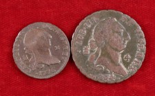 Lote de 2 monedas de Segovia, 2 maravedís 1776 y 4 maravedís 1784. BC/BC+.
