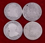 1769 a 1778. Carlos III. Madrid, Potosí y Sevilla. 2 reales. Lote de 4 monedas, una con perforación. BC/BC+.