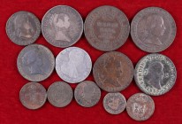 Lote de 4 reales de Valencia de Fernando VII 1823, 10 reales de Madrid de Isabel II 1852 y 11 bronces de la época de los borbones. Total 13 monedas. R...