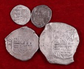 Lote de 4 monedas macuquinas. 1, 4, 8 reales México y 1 real Sevilla. A examinar. BC/MBC-.