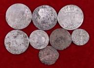 Lote de 8 monedas españolas de diversas épocas, cinco en plata. MC/BC.