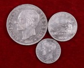 Lote de 3 monedas: 1 peseta 1896*1896 PGV, 2 pesetas 1870*1873 DEM y 5 pesetas 1885*1887 MSM. A examinar. BC+/MBC-.