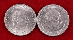 1949*49 y *50. 5 pesetas. (Cal. 45 y 46). 2 monedas. A examinar. EBC-/EBC.