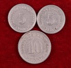 Alemania. (Kr. 3, 4 y 11). CU-NI. 5 pfennig 1875 y 1894 A (Berlín) y 10 pfennig 1875 G (Karlsruhe). 3 monedas. MBC/MBC+.