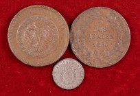 1830 y 1860. Argentina. CU y AG. 20 décimos 1830, 2 reales 1860 y 1/2 real 1844. 3 monedas, a examinar. MBC.