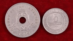 1862 y 1909/8. Bélgica. 5 y 25 céntimos. CU-NI. Lote de 2 monedas. MBC/EBC.