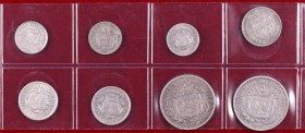 1886-1905. Costa Rica. 5 (dos), 10, 25 centavos (dos), 5, 10 céntimos (dos). Total 8 monedas. A examinar. AG. MBC/EBC-.