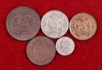 1884-1928. Ecuador. 1/2 (dos), 1 (dos) y 5 centavos. AG / CU. Limpiadas. 5 monedas. (MBC-/MBC+).