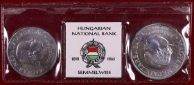 1968. Hungría. 50 y 100 florines. (Kr. 582 y 584). AG. 2 monedas conmemorativas del 150 aniversario del nacimiento del Doctor Ignaz Semmelweis. En pre...