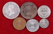 1869-1944. Uruguay. 1, 2, 5 (tres) y 50 centésimos. CU-NI / CU / AG. 6 monedas. A examinar. MBC-/EBC+.