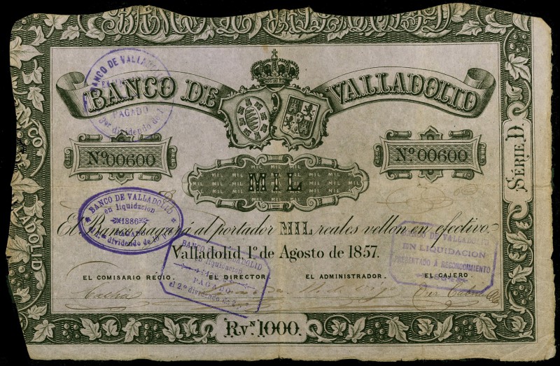 1857. Banco de Valladolid. 1000 reales de vellón. (Ed. 134) (Filabo 4VA) (Ruiz y...