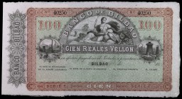 18... (1857). Banco de Bilbao. 100 reales de vellón. (Ed. 143) (Filabo 1BI) (Ruiz y Alentorn 568). (21 de agosto). Serie F. Sin firmas, con numeración...
