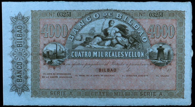 18... (1857). Banco de Bilbao. 4000 reales de vellón. (Ed. 148) (Filabo 6BI) (Ru...