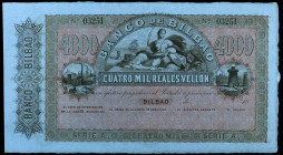 18... (1857). Banco de Bilbao. 4000 reales de vellón. (Ed. 148) (Filabo 6BI) (Ruiz y Alentorn 573) (Pick S256 var). Serie A. Sin firmas, con numeració...