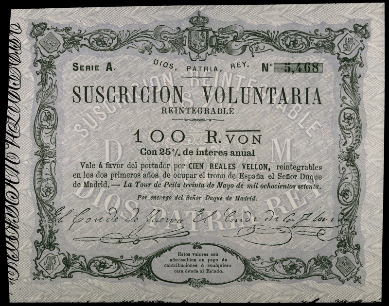 1870. La Tour de Peilz. 100 reales de vellón. (Ed. 196) (Filabo 11CR) (Ruiz y Al...